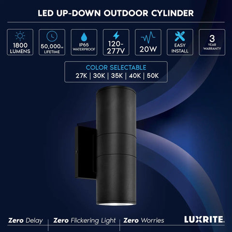 Lit Up And Down Outdoor LED Wall Lights With 5 CCT Adjustable 2700K To 5000K, Waterproof Exterior Sconce, 20W in black finish
