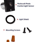Parts included with Dusk To Dawn Outdoor Light Sensor With No Fuss Quick Swap Ezee Change Plug; sensor, light shield, screws, wire nuts