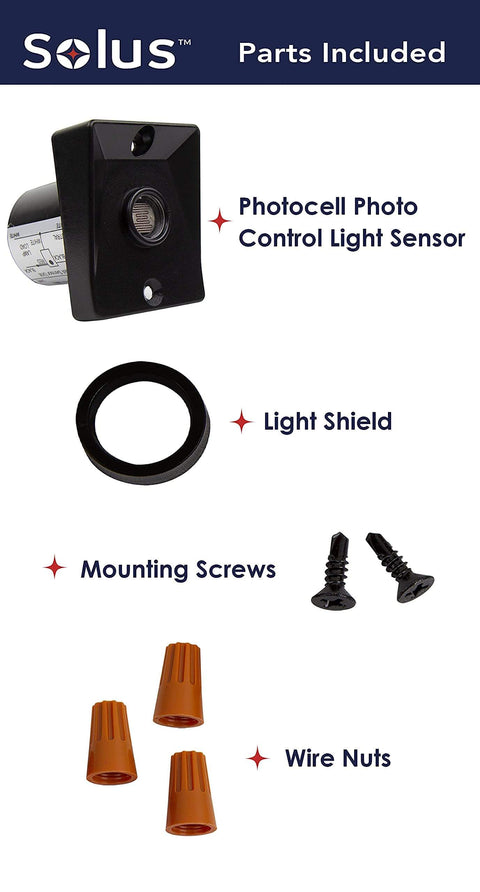 Parts included with Dusk To Dawn Outdoor Light Sensor With No Fuss Quick Swap Ezee Change Plug; sensor, light shield, screws, wire nuts