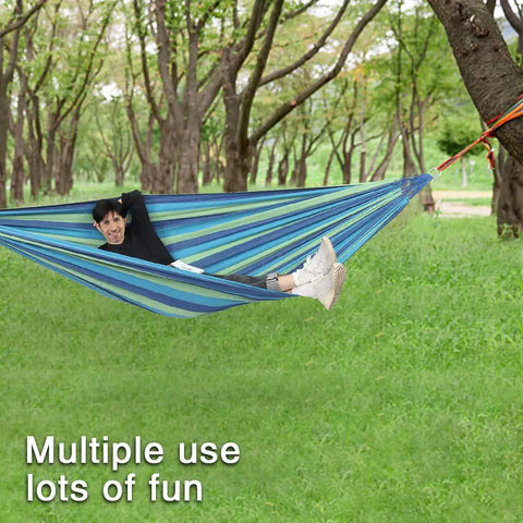 Extra Long And Wide Double Hammock For Travel Camping Backyard Porch Or Indoor Use With Carrying Pouch Included Blue Green Stripes Ultra Comfy Cotton Weave 142 By 63 Inches Overall And 94 By 63 Inch Bed
