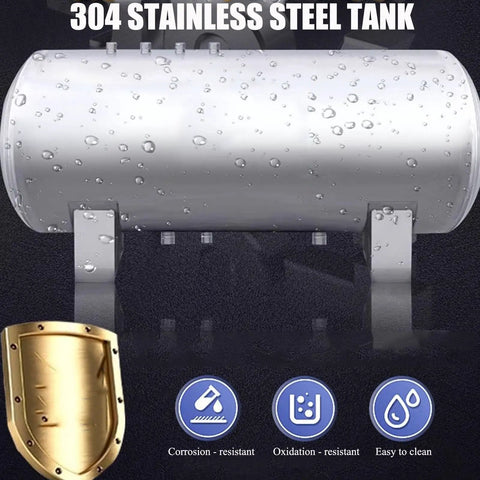 Solid 304 Stainless Steel Bladder Water Pressure Tank, 224 Gallon Capacity, showing droplets on surface and ports.