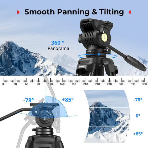 Beefy Pro Grade Aluminum Video Tripod With Fluid Head For Pro Shoots, 73 Inch Reach, 360-degree panning feature