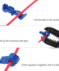 Massive 200 Count T Tap Wire Connectors Kit showing red wire inserted and clamped for quick splice, AWG 22 to 18.