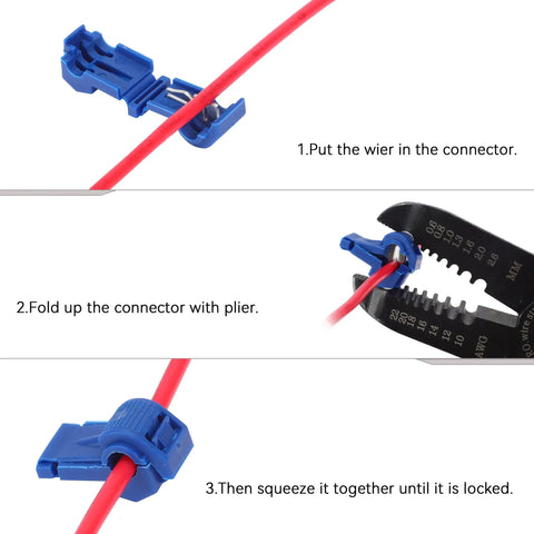 Massive 200 Count T Tap Wire Connectors Kit showing red wire inserted and clamped for quick splice, AWG 22 to 18.
