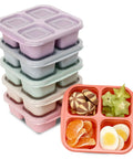 Stack of six pack snack containers with four compartment divided design, reusable bento box for meal prep.