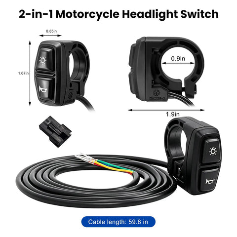 Universal Motorcycle Handlebar Control Switch With Integrated Headlight And Horn Toggle For A Plug And Play Install, 2-in-1 switch with 59.8in cable.