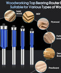 Top Shelf 4 Piece Carbide Router Bit Set With Top Bearing Flush Trim Design, showing router bits for various wood types.