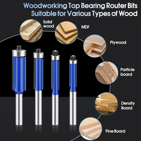 Top Shelf 4 Piece Carbide Router Bit Set With Top Bearing Flush Trim Design, showing router bits for various wood types.
