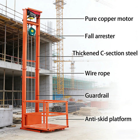 Heavy Duty Electric Freight Workhorse Featuring Quiet Hydraulic Wall Mounted Vertical Hoist, 16 Foot Travel Height, 2200 Lb Capacity with copper motor and guardrail.