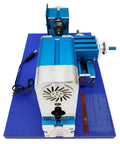 Top view of Jaryannix Mini Metal Lathe Benchtop 36W for Woodworking and DIY Projects 20000rpm High Speed Motor on a blue base.