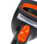 Close-up of USB Handheld 1D 2D Barcode Scanner with QR Code Reader, IP54 dust and water resistant, black and orange handle