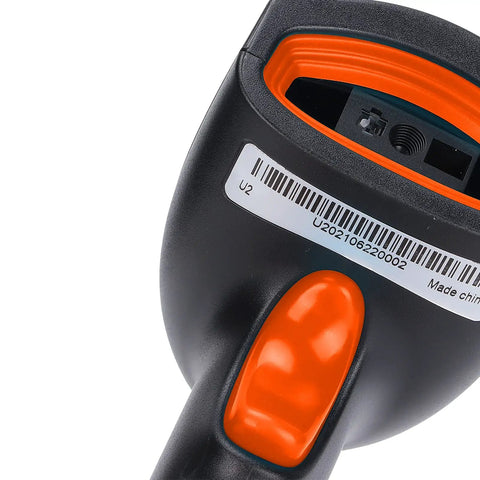 Close-up of USB Handheld 1D 2D Barcode Scanner with QR Code Reader, IP54 dust and water resistant, black and orange handle