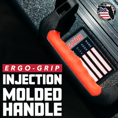 Close-up of Ergo-Grip handle on a molded flight case for SG style double cutaway guitars with ATA roto-molded polyethylene shell.