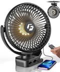 Clip On Fan 40000mAh Portable Rechargeable 8 Inch Battery Operated Fan With LED Light Remote Timers Up to 127 Hours Battery Life and Hook for Office Desk Camping Treadmill Tent Golf Cart. Remote and phone charging shown.