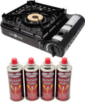 15,000 BTU Dual Fuel Portable Camp Stove With Carry Case For Propane Or Butane Piezo Ignition Includes 4 Butane Cans