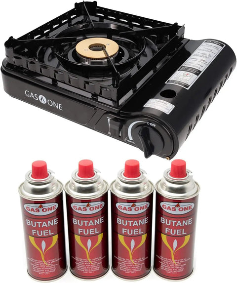 15,000 BTU Dual Fuel Portable Camp Stove With Carry Case For Propane Or Butane Piezo Ignition Includes 4 Butane Cans