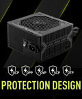Semi Modular 650W ATX Power Supply With Low Noise 120mm Fan, featuring protection design icons and black casing