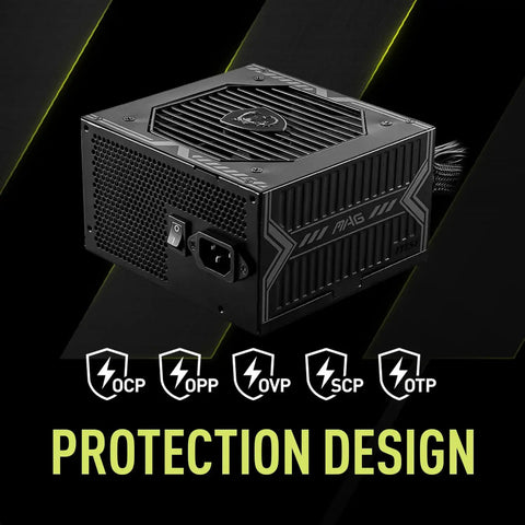 Mag A750BE Dope 750W Semi Modular ATX Power Supply With 80 Plus Bronze Efficiency, shown with protection design icons.