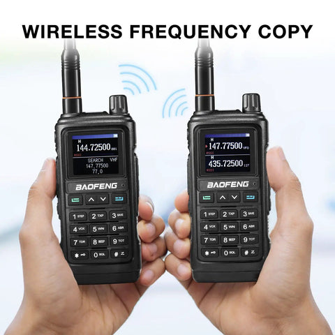 Hands holding two UV-17R Plus Ham Radio Multi Band Walkie Talkies with wireless frequency copy feature and displays.