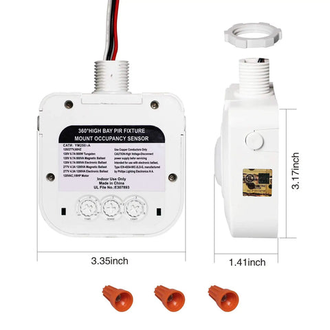 Ceiling Mounted Occupancy Motion Sensor Switch with 360 Degree Passive Infrared Detection, measuring 3.35 x 3.17 x 1.41 inches.