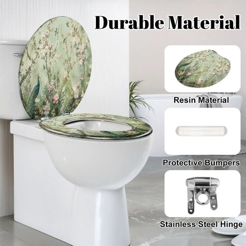 Round Peacock White Heron Blooming Garden Cherry Blossoms Toilet Seat on a white toilet, showcasing resin material and soft-close hinge.