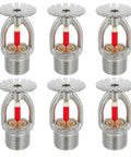Zero Drama Heavy Duty Brass Pendent Fire Sprinkler Heads Fast Action Water Spray 155 Degree Thermal Bulb 1 Half Inch Npt Thread 6 Pack viewed from front with red bulbs.