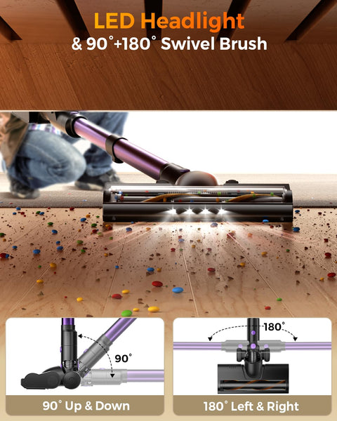 Cordless Vacuum Cleaner For Home With 580W Power And 48KPa Suction, LED headlight, cleaning debris on hardwood floor