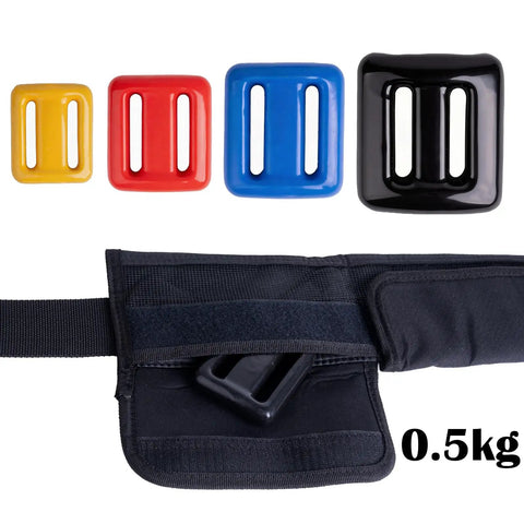 Beginner Friendly Dive Belt Kit With Weights, 4 Pockets And Quick Release Buckle, Four 1.1 lb Weights Shown in Black, Yellow, Red, Blue