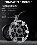 Beefy 220mm front disc brake rotor with 6-hole mount, stainless steel and aluminum core, shown with compatible models backdrop.
