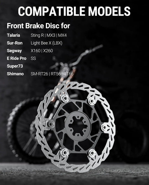 Beefy 220mm front disc brake rotor with 6-hole mount, stainless steel and aluminum core, shown with compatible models backdrop.