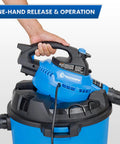 One-hand operation of Beast 12 Gallon Wet Dry Vacuum With Detachable Blower, showcasing ergonomic design and user-friendly control.
