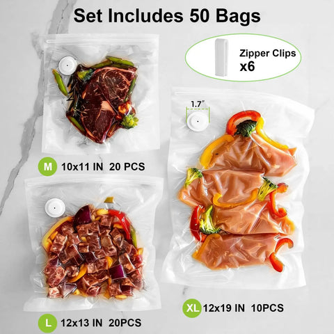 Reusable Vacuum Seal Bags 50pc With Clips 3 Sizes M L XL For Meal Prep Storage showing various food types sealed in bags.