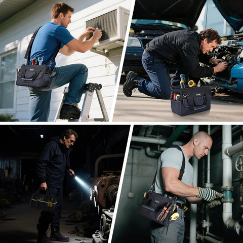 Heavy Duty Tool Bag With Multi Pocket For Pros, Built From 600D Oxford Fabric, carried by workers in various job settings