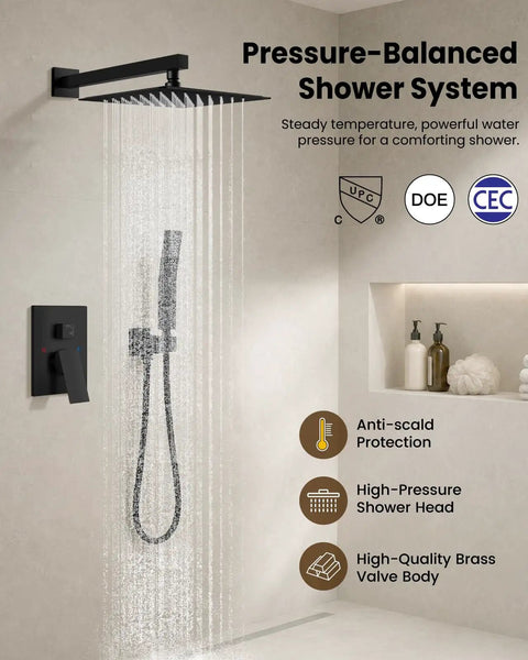 Hella Durable Matte Black Shower Faucet Set With Handheld Spray And 10 Inch Rainfall Head Built Solid With Heavy Duty Brass Valve Top Notch Flow Any Home Loves Daily