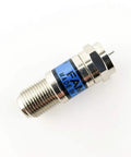 Ten Decibel Fixed Mini Type Attenuator Pad For RF And Signal Paths, compact silver attenuator, side angle view
