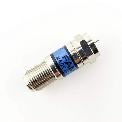 Ten Decibel Fixed Mini Type Attenuator Pad For RF And Signal Paths, compact silver attenuator, side angle view