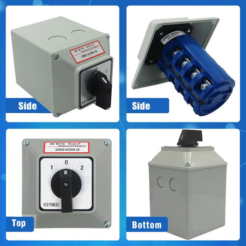 63A Rotary Changeover Switch With Exterior IP65 Enclosure, 4NO 4NC, showing different views of the switch and components