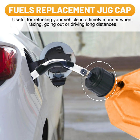 Two Pack 3042 Racing Fuel Jug Cap Replacement For 5 Gallon Gas Cans And Fuel Tanks, shown during refueling at car