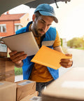 Delivery person holding tablet and Yellow Self Seal Bubble Mailers 4x8 Exterior 4x7 Inner Padded Envelopes 100 Pack