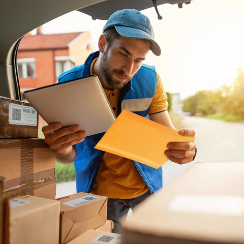 Delivery person holding tablet and Yellow Self Seal Bubble Mailers 4x8 Exterior 4x7 Inner Padded Envelopes 100 Pack