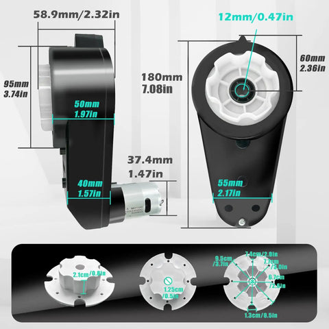 Dimensions of Two Pack 24V RS555 High Torque Gearbox Kit for Power Wheels Ride On Cars, 35000 RPM visible