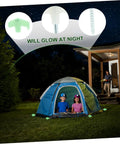 Glow In The Dark Tent Pegs Kit With Hammer And 5M Rope, 10 Steel Stakes For Camping, with glowing pegs at night beside a tent
