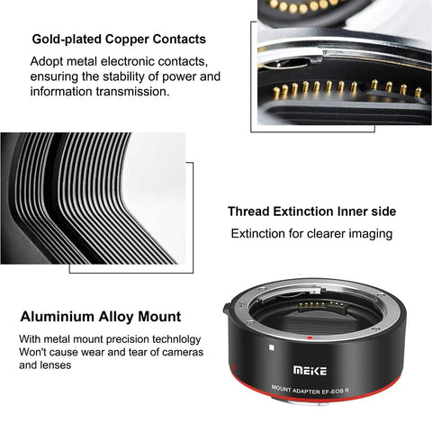 Built Tough Metal Lens Adapter EF to EOS R Mount with gold-plated copper contacts and aluminum alloy mount details.