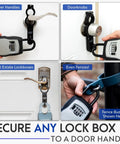 Secure Lock Box Attachment For Lever Handles Perfect For Realtors Vacation Rentals And Real Estate Pros With Code Access shown on door handles and fence.