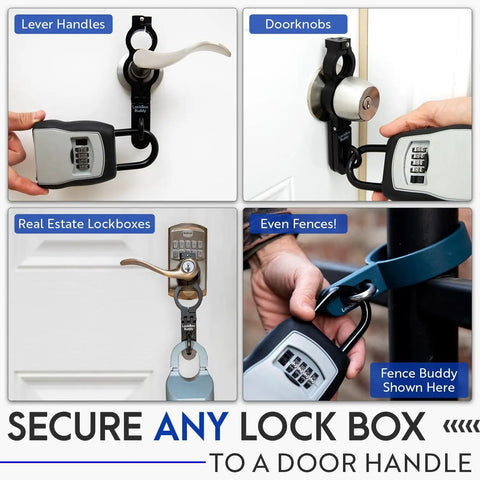 Secure Lock Box Attachment For Lever Handles Perfect For Realtors Vacation Rentals And Real Estate Pros With Code Access shown on door handles and fence.
