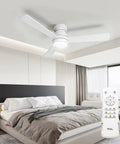 42 Inch Low Profile Ceiling Fan With Crisp White Finish Smart Remote Control Runs Smooth As Butter On Whisper Quiet Brushless Dc Motor in stylish bedroom.