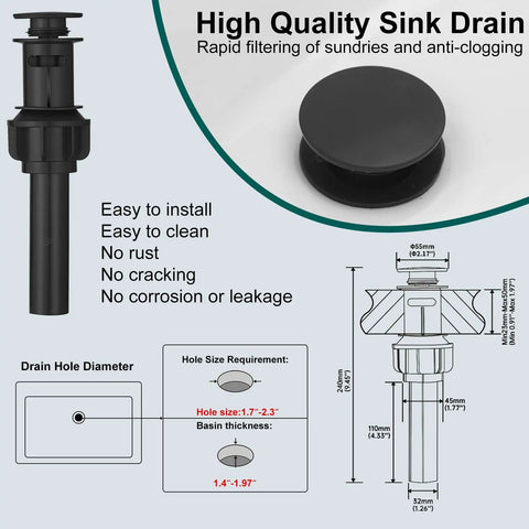 Matte Black Waterfall Bathroom Faucet With Pop Up Drain And Deck Plate dimensions and details image