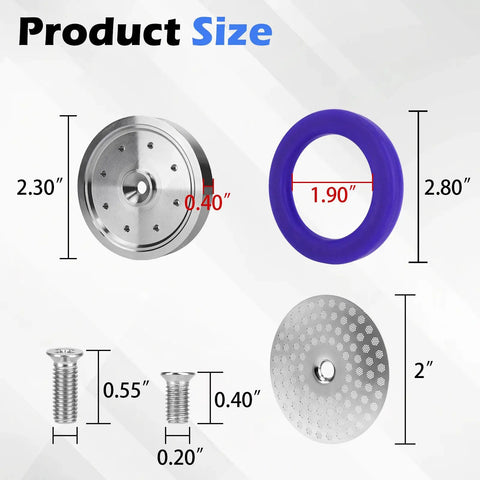 Precision Shower Screen Kit For 58Mm Breville Sage Oracle Espresso Machines product size display with stainless steel and silicone parts
