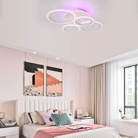 4 Ring LED Ceiling Light With Remote, 56W Dimmable 3000K-6500K White Flush Mount Fixture in modern bedroom setting