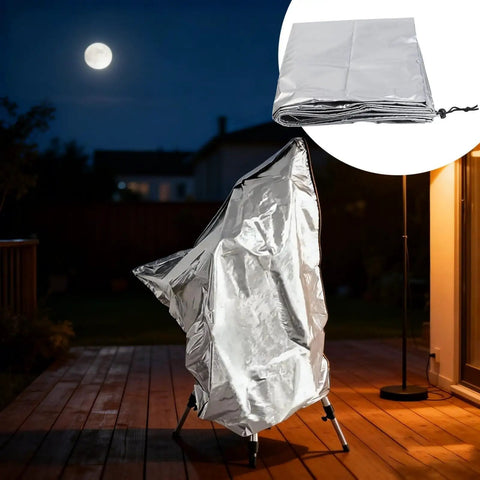 Reflective Telescope Cover With Storage Bag Weatherproof 420D Shield on a tripod under moonlight, folded view inset.